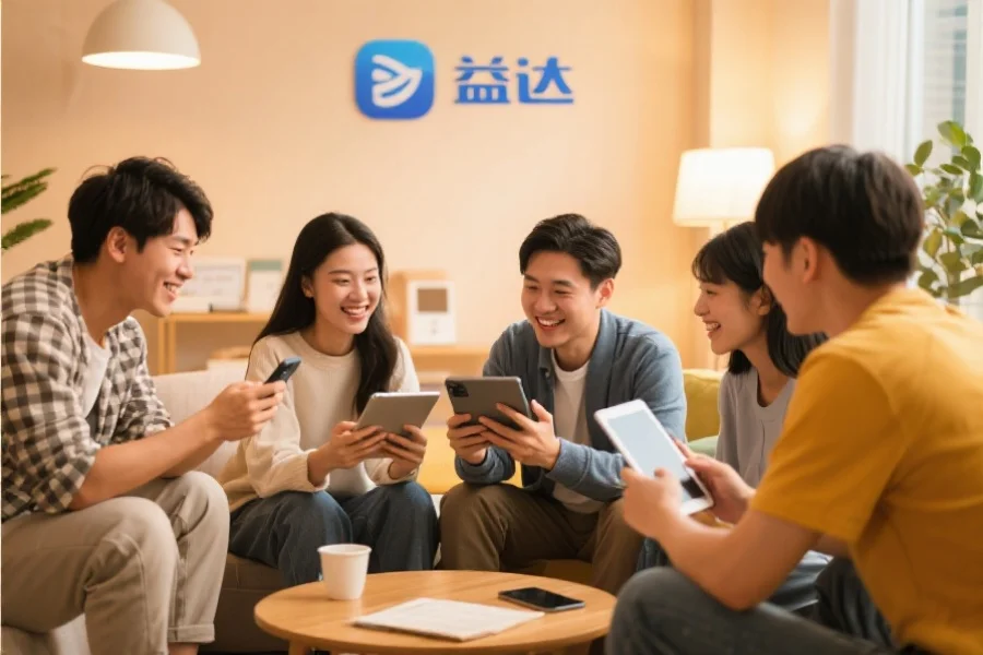 一群年轻用户围坐在一起，使用平板和手机愉快地交流，背景温馨现代，象征天美3应用的社区活跃氛围